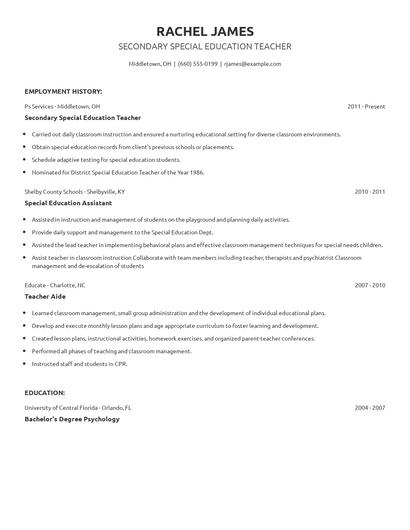 Secondary Special Education Teacher Resume