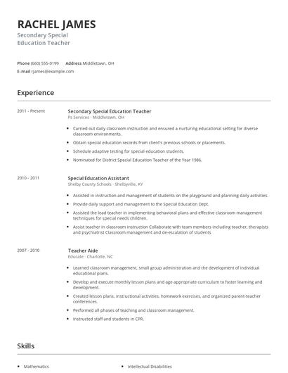Secondary Special Education Teacher Resume