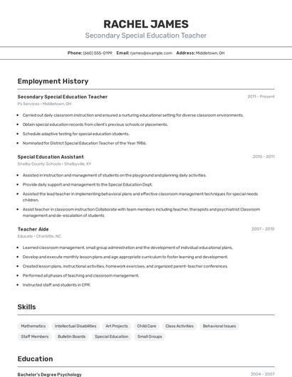 Secondary Special Education Teacher Resume