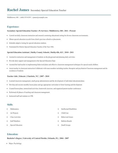 Secondary Special Education Teacher Resume