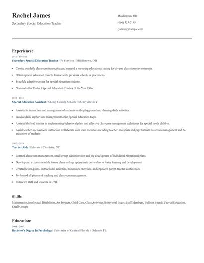 Secondary Special Education Teacher Resume