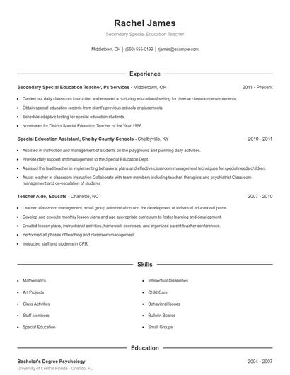Secondary Special Education Teacher Resume