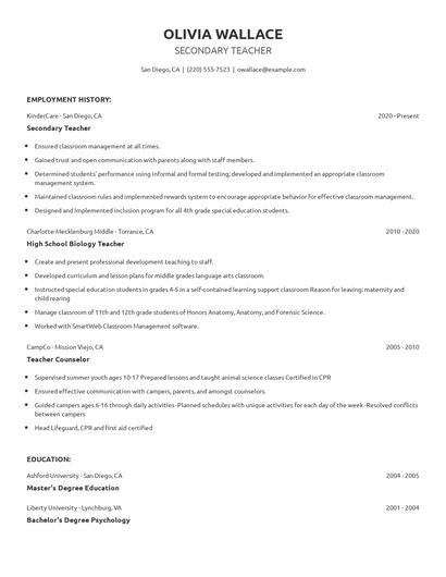 Secondary Teacher Resume