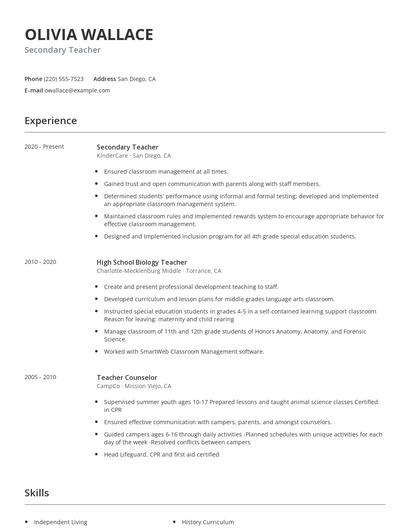 Secondary Teacher Resume