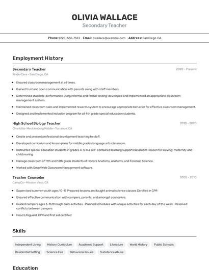 Secondary Teacher Resume