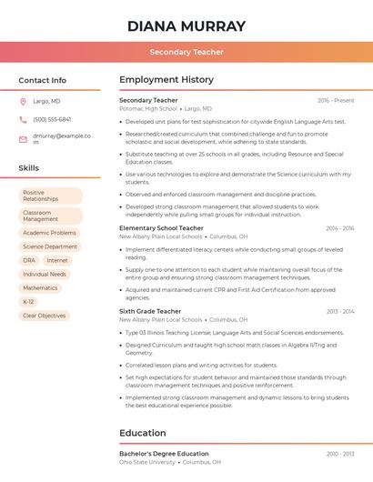 Secondary Teacher Resume