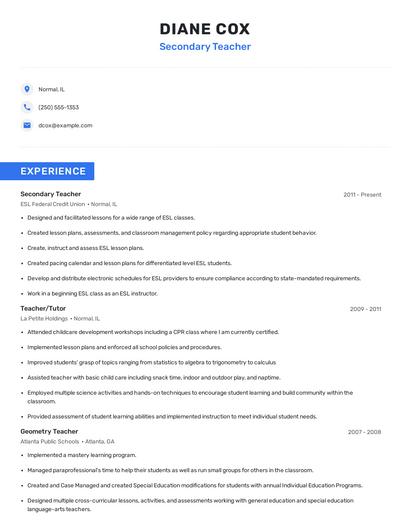 Secondary Teacher Resume