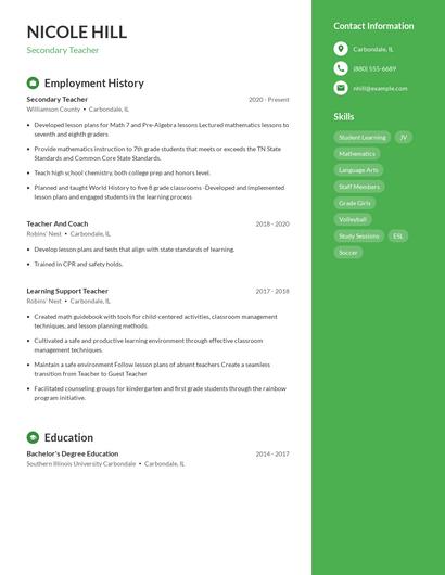Secondary Teacher Resume