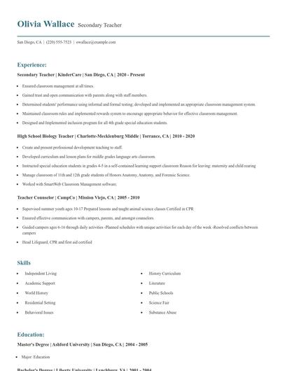 Secondary Teacher Resume