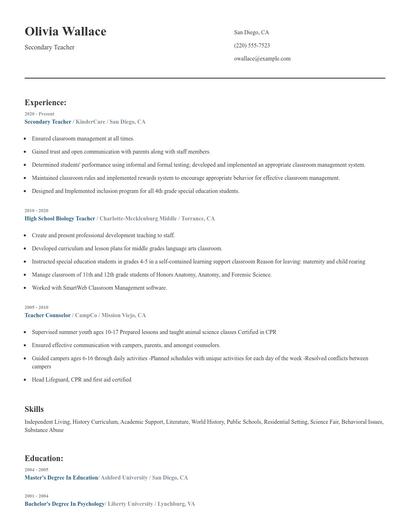 Secondary Teacher Resume