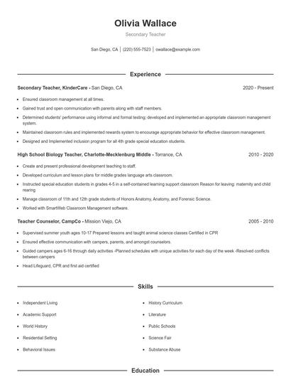 Secondary Teacher Resume