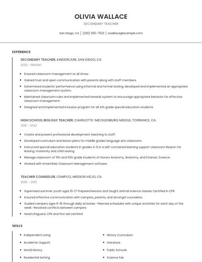 Secondary Teacher Resume