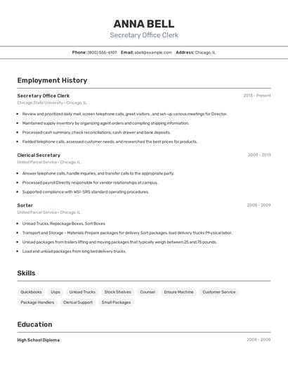 Secretary Office Clerk Resume