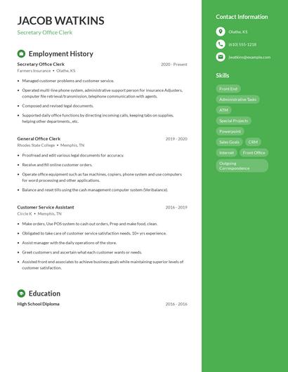 Secretary Office Clerk Resume