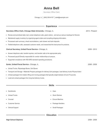 Secretary Office Clerk Resume