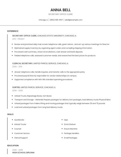 Secretary Office Clerk Resume