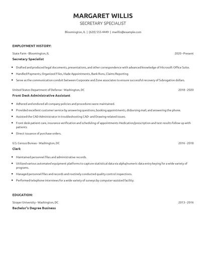 Secretary Specialist Resume
