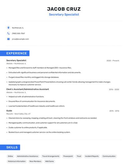 Secretary Specialist Resume