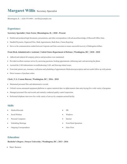 Secretary Specialist Resume