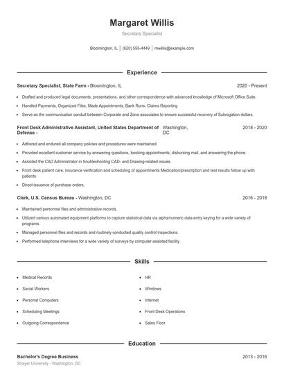 Secretary Specialist Resume