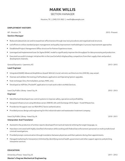 Section Manager Resume