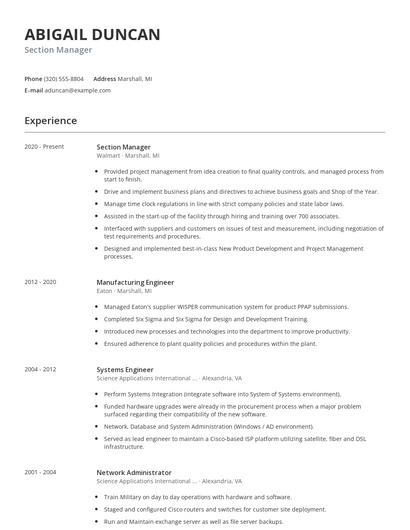 Section Manager Resume