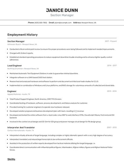 Section Manager Resume