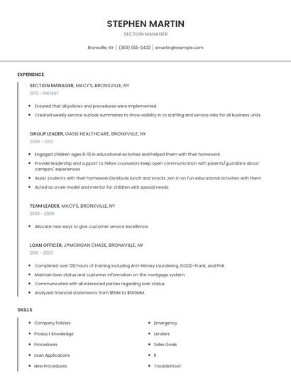 Section Manager Resume