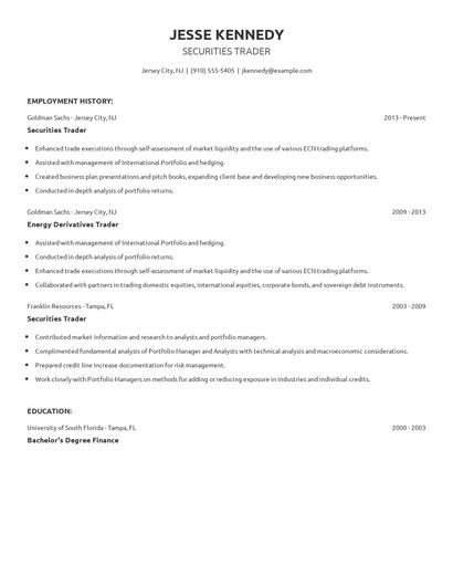 Securities Trader Resume