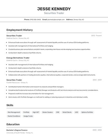 Securities Trader Resume