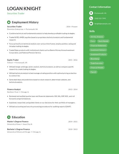 Securities Trader Resume