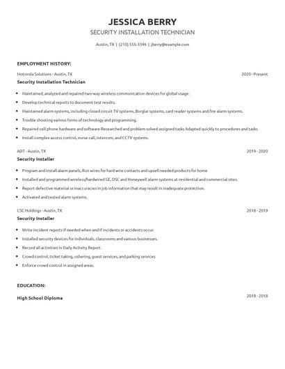 Security Installation Technician Resume