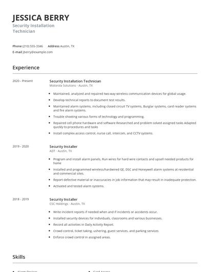 Security Installation Technician Resume