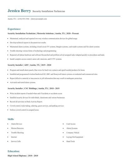 Security Installation Technician Resume