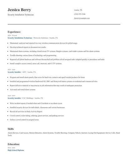Security Installation Technician Resume