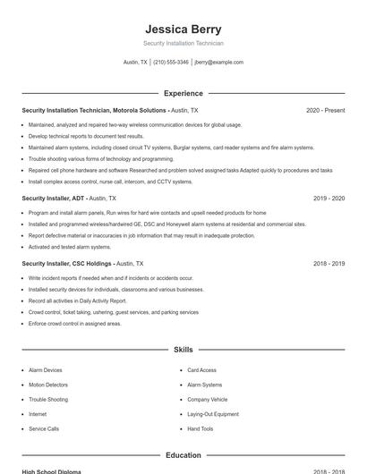 Security Installation Technician Resume