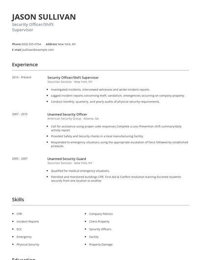 Security Officer/Shift Supervisor Resume