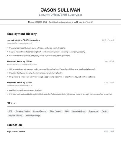 Security Officer/Shift Supervisor Resume