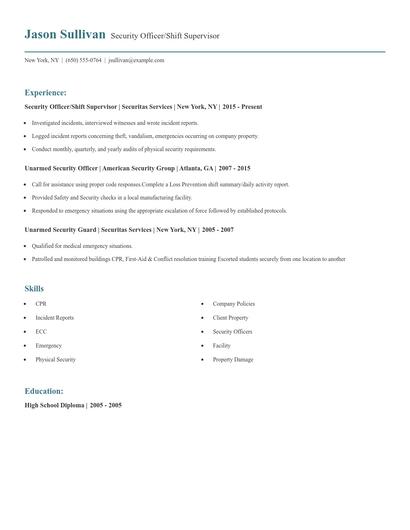 Security Officer/Shift Supervisor Resume