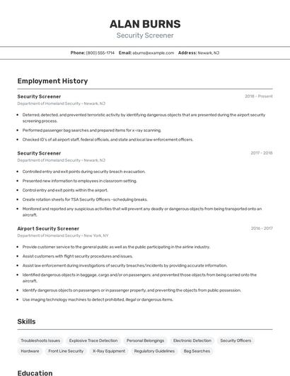 Security Screener Resume