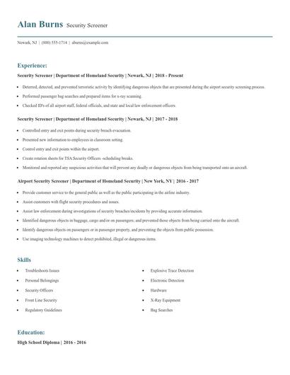 Security Screener Resume