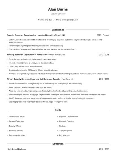 Security Screener Resume