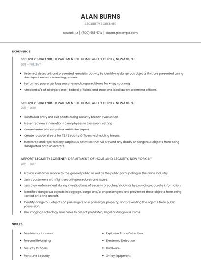 Security Screener Resume