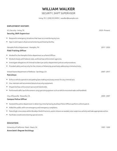 Security, Shift Supervisor Resume