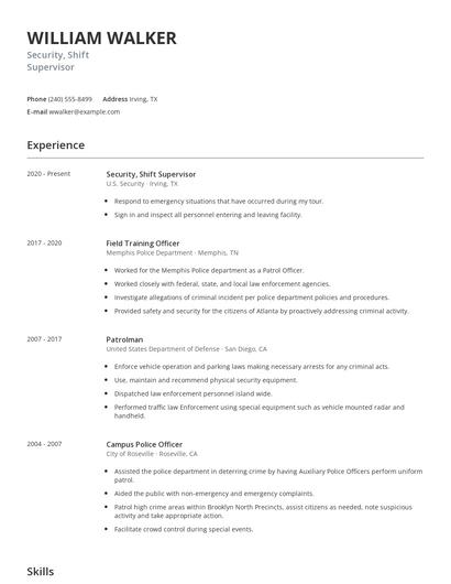 Security, Shift Supervisor Resume