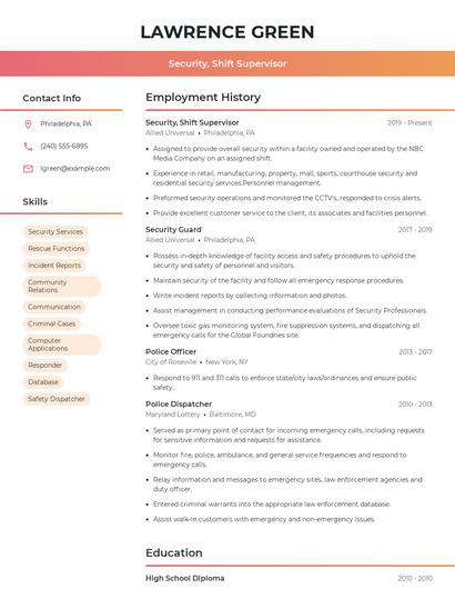 Security, Shift Supervisor Resume