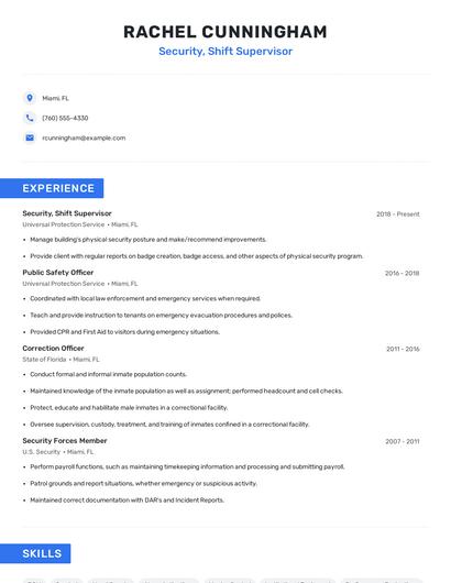 Security, Shift Supervisor Resume