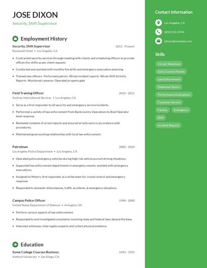 Security, Shift Supervisor Resume