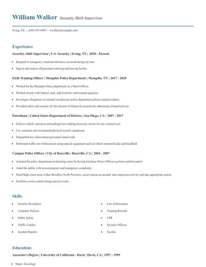 Security, Shift Supervisor Resume