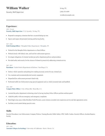 Security, Shift Supervisor Resume
